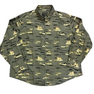 Woolrich Saltwater Fish Button Down Shirt Long Sleeve All Cotton Olive Green XL